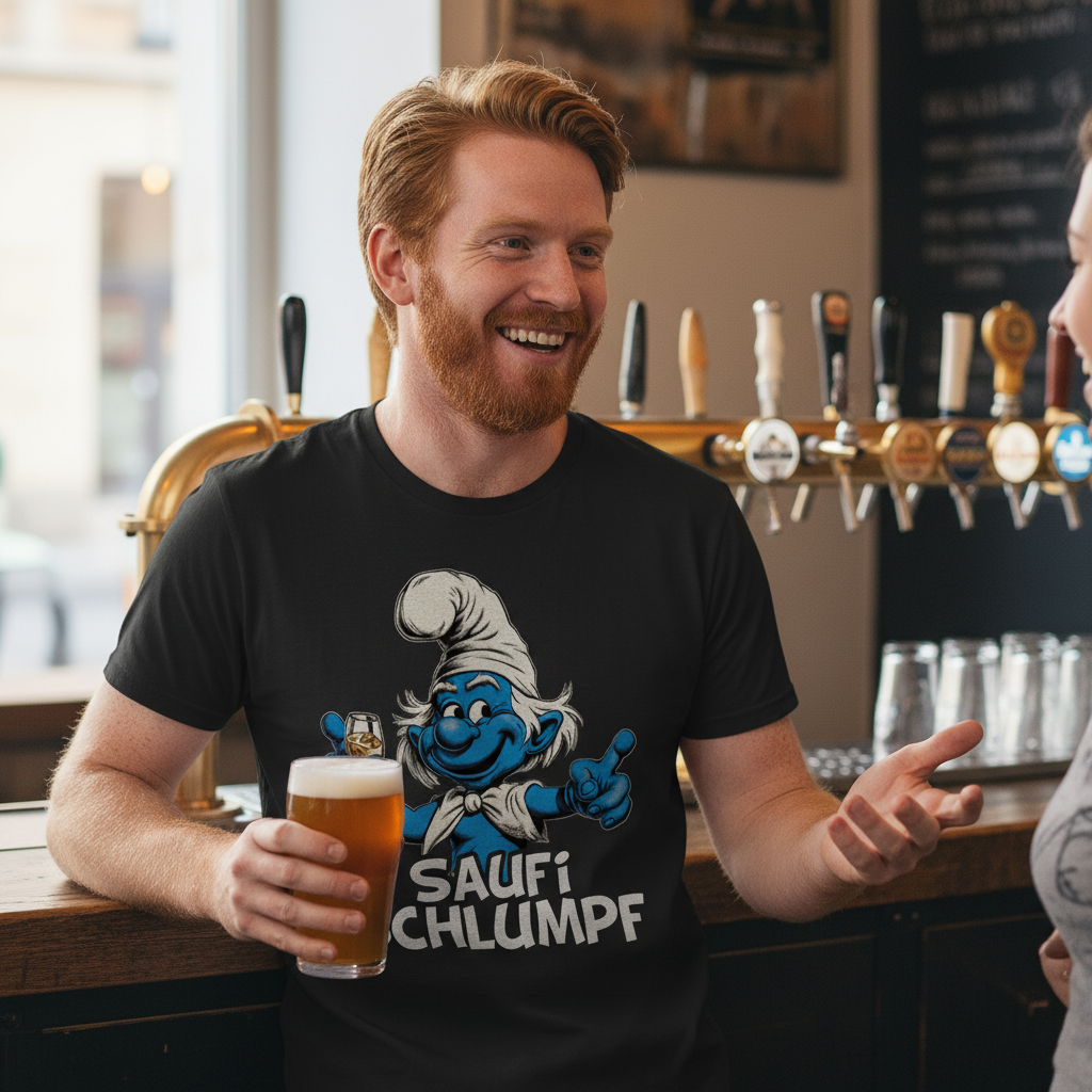 Bar Kneipe innen, Mann mit Bart in Saufi Schlumpf Shirt mit Bier, lächelnd, warmes Licht, gemütliche Atmosphäre