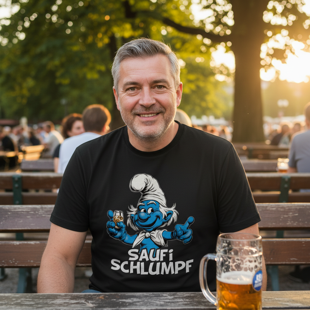 Biergarten outdoor, Mann in Saufi Schlumpf Shirt mit Bierglas, Tageslicht, entspannte Atmosphäre, Holztische