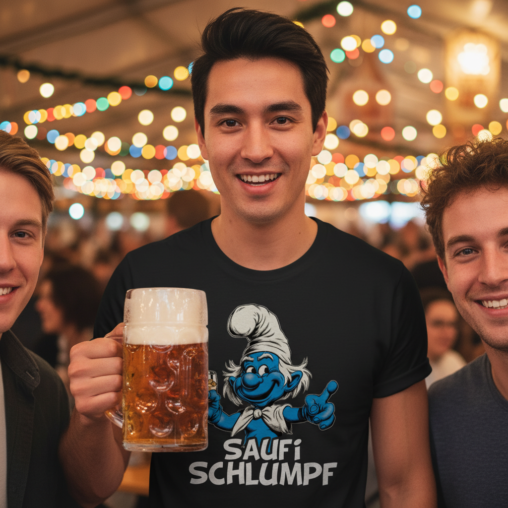 Volksfest Bierzelt, junger Mann in Saufi Schlumpf Shirt mit Bierkrug, Freunde, warmes Abendlicht, festliche Stimmung
