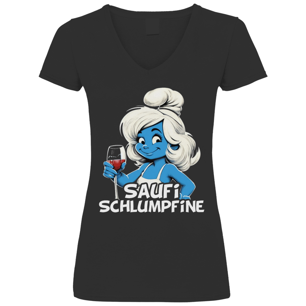 Saufi Schlumpfine Grafik - V-Neck Damenshirt Black