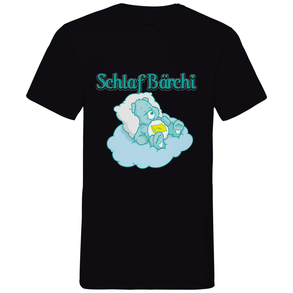 Schwarzes Herren V-Neck Shirt mit Schlaf Bärchi Aufdruck, türkiser Bär auf Wolke, Frontansicht