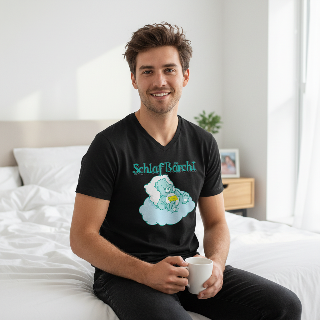 Mann trägt Schlaf Bärchi V-Neck Shirt im Schlafzimmer am Sonntagmorgen, entspannt mit Kaffee am Bett