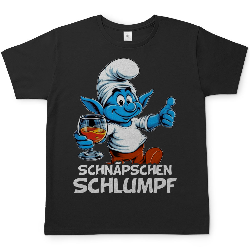 Schwarzes Herren Shirt mit Schlumpf-Parodie zeigt blaue Figur mit Cognac-Glas und Daumen hoch, Text Schnäpschen Schlumpf, Frontansicht