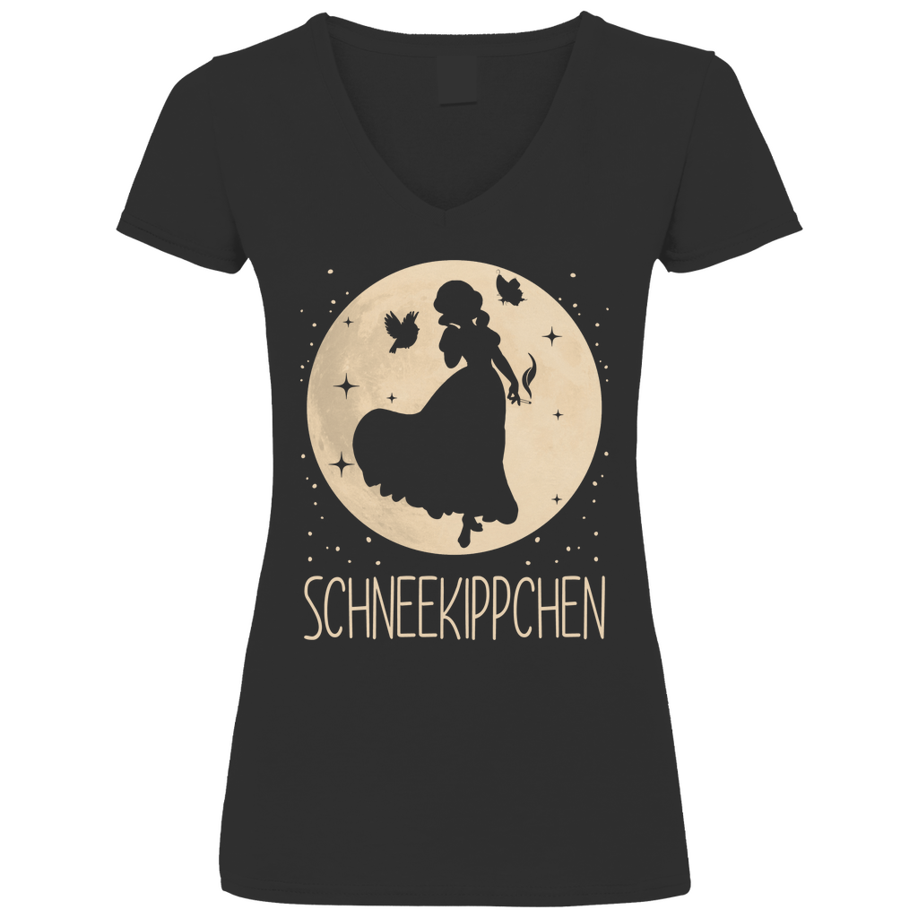 Schwarzes Damen V-Neck Shirt mit SCHNEEKIPPCHEN Motiv Schneewittchen und Mond, Frontansicht