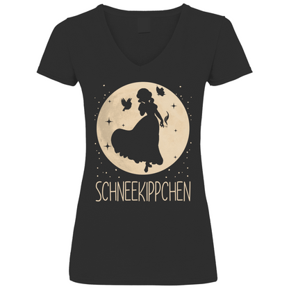 Schwarzes Damen V-Neck Shirt mit SCHNEEKIPPCHEN Motiv Schneewittchen und Mond, Frontansicht