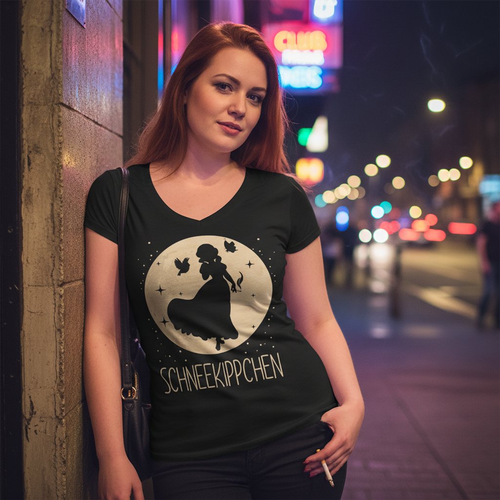 Eine Frau trägt das Schneekippchen Raucher Shirt vor einem Club bei Nacht und raucht eine Zigarette