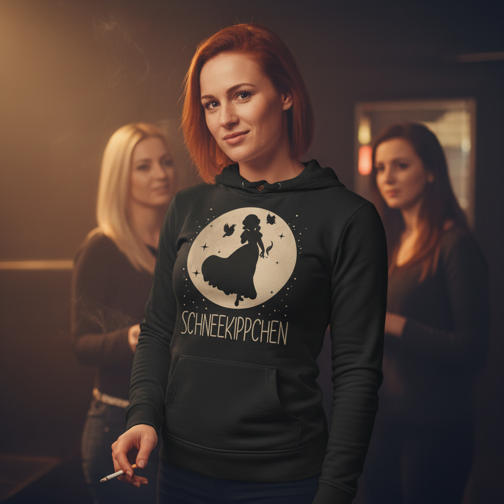 Eine Frau trägt den Schneekippchen Hoodie im Nachtclub Raucherbereich und hält eine Zigarette