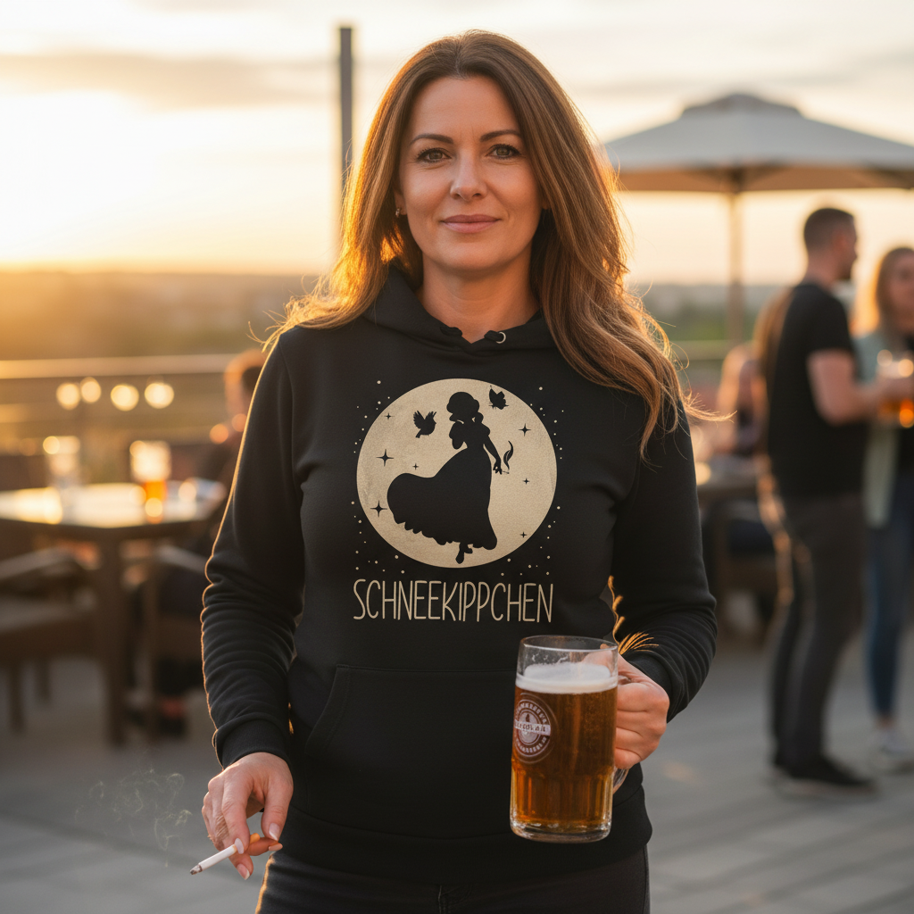 Eine Frau trägt den Schneekippchen Hoodie auf der Terrasse bei Feier und hält Zigarette und Bier