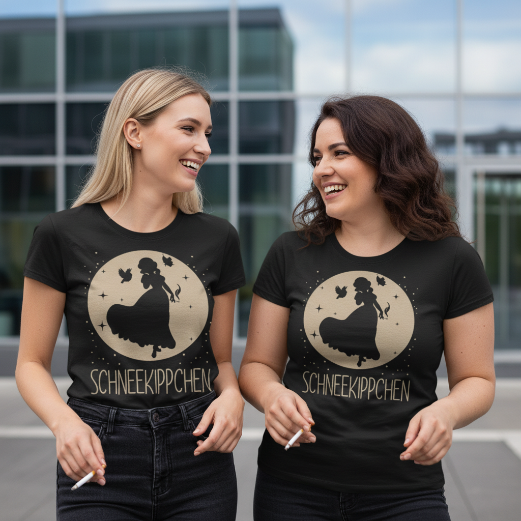 Zwei Frauen tragen das SCHNEEKIPPCHEN Shirt in der Raucherpause vor dem Büro in München