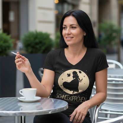 Eine Frau trägt das Schneekippchen Shirt im Café-Außenbereich und macht Raucherpause mit Kaffee