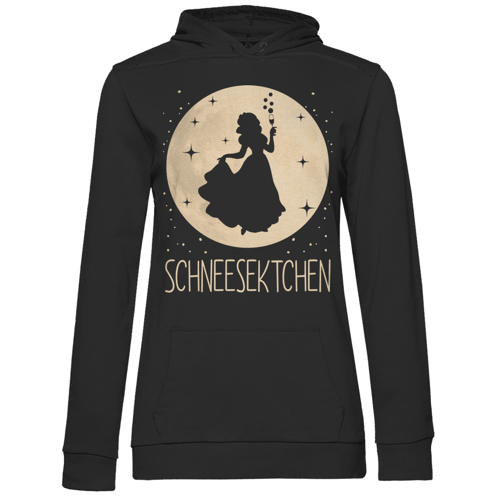 Schwarzer Damen Hoodie mit Schneesektchen Mond-Prinzessin Design und Sekt Motiv, Frontansicht