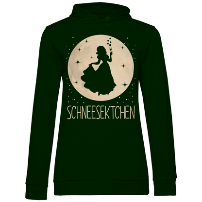 Waldgrüner Damen Hoodie mit Schneesektchen Mond Design witzig und Prinzessin Motiv, Frontansicht