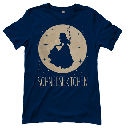 Navy Damenshirt mit Schneesektchen Design Schneewittchen Parodie Mond und Sekt, Frontansicht