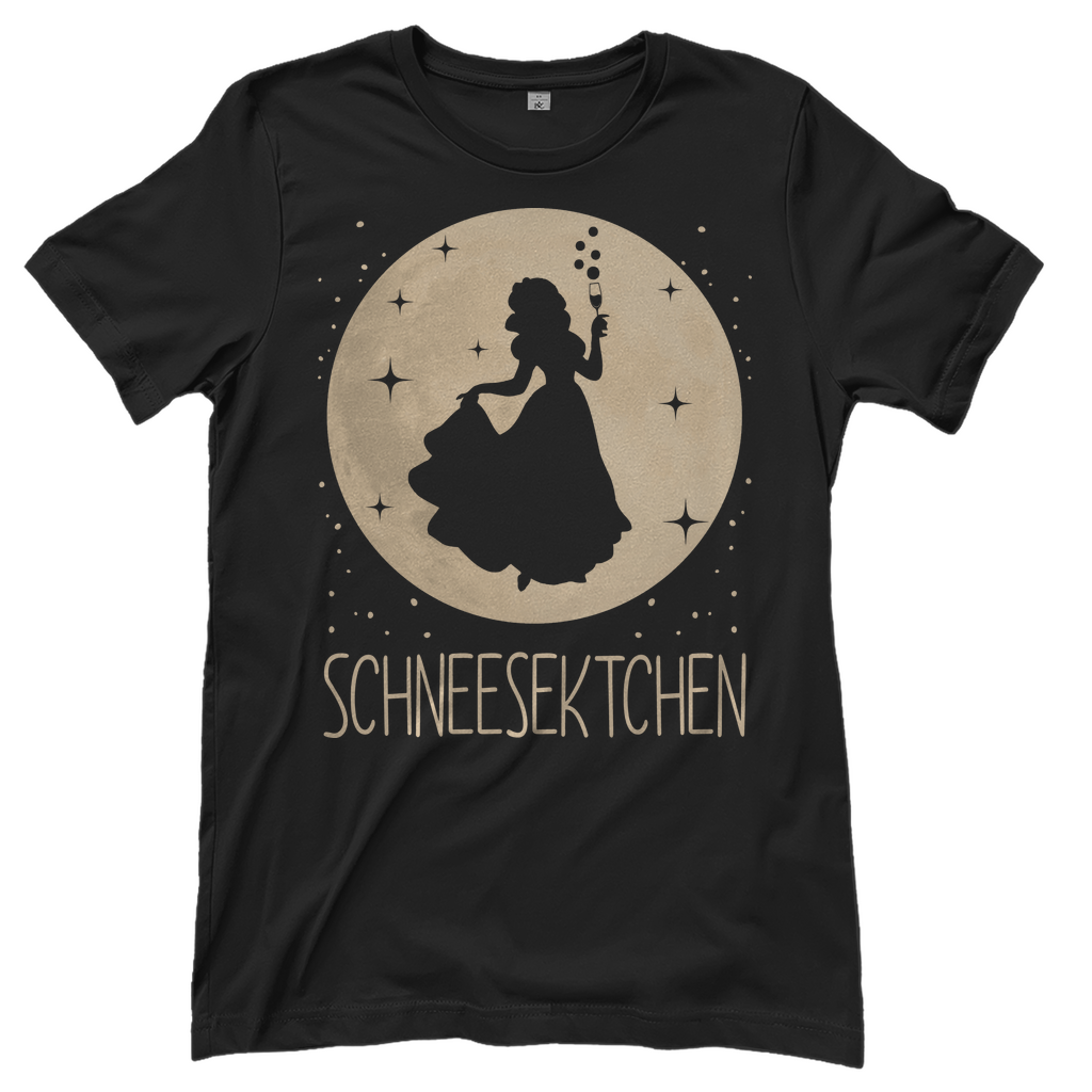 Schwarzes Damen T-Shirt mit SCHNEESEKTCHEN Mond-Prinzessin Design Schneewittchen Parodie, Frontansicht
