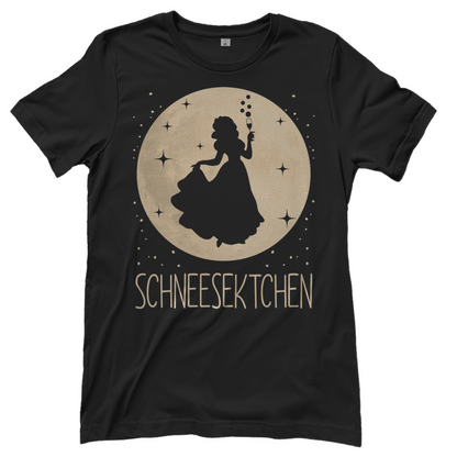Schwarzes Damen T-Shirt mit SCHNEESEKTCHEN Mond-Prinzessin Design Schneewittchen Parodie, Frontansicht
