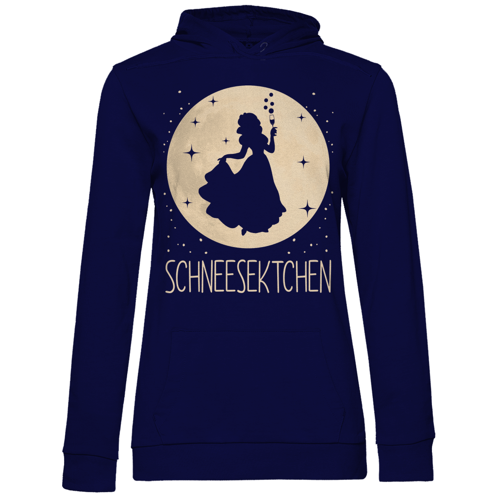 Navy blauer Frauen Hoodie mit SCHNEESEKTCHEN Schriftzug und Mond-Prinzessin Silhouette, Frontansicht