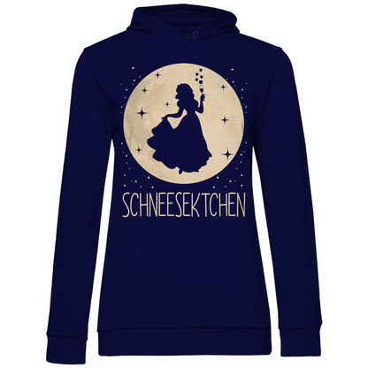 Navy blauer Frauen Hoodie mit SCHNEESEKTCHEN Schriftzug und Mond-Prinzessin Silhouette, Frontansicht