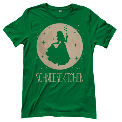 Grünes JGA Shirt mit SCHNEESEKTCHEN Prinzessin Mond Design für Junggesellinnenabschied, Frontansicht