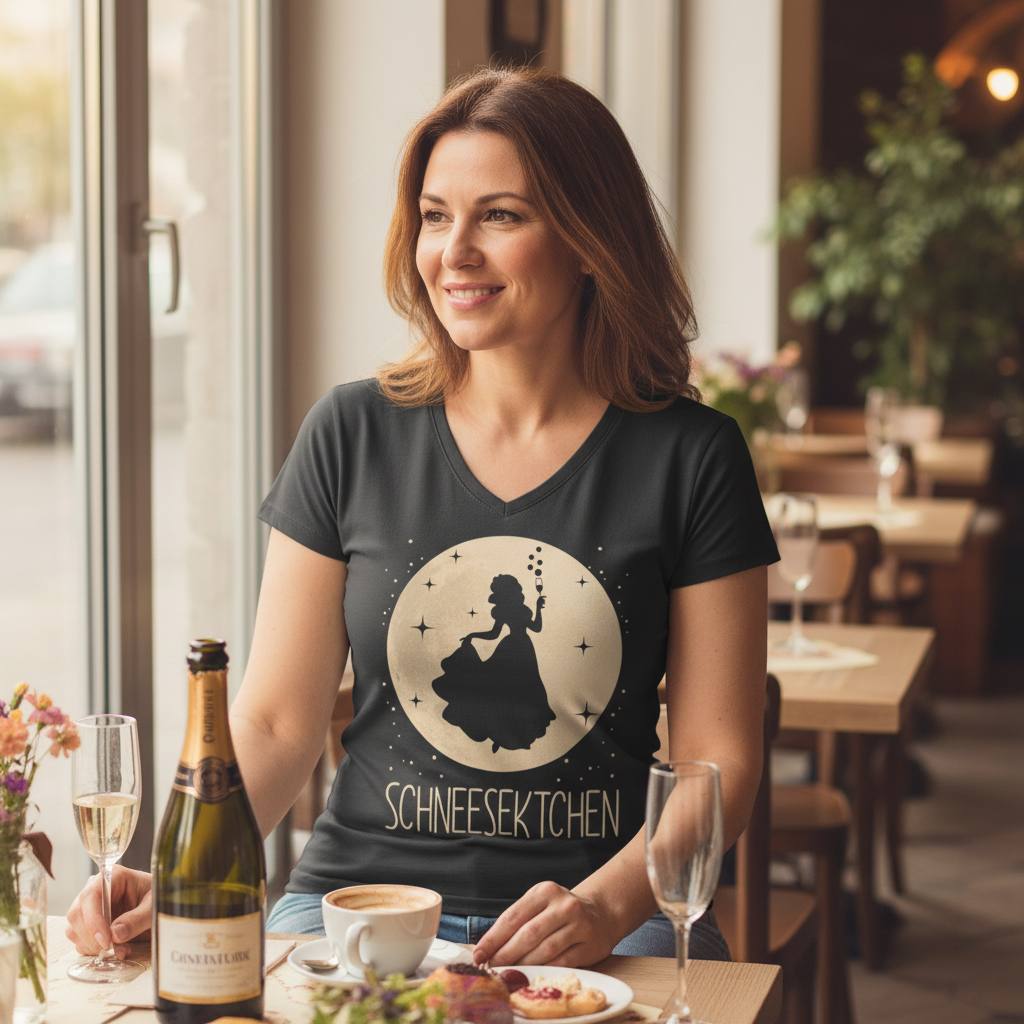Eine Frau trägt das Schneesektchen Shirt beim JGA Brunch im Café mit Sektflasche auf dem Tisch