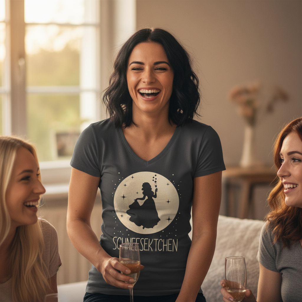 Eine Frau trägt das Schneesektchen Shirt beim Mädelsabend und hält ein Sektglas in der Hand
