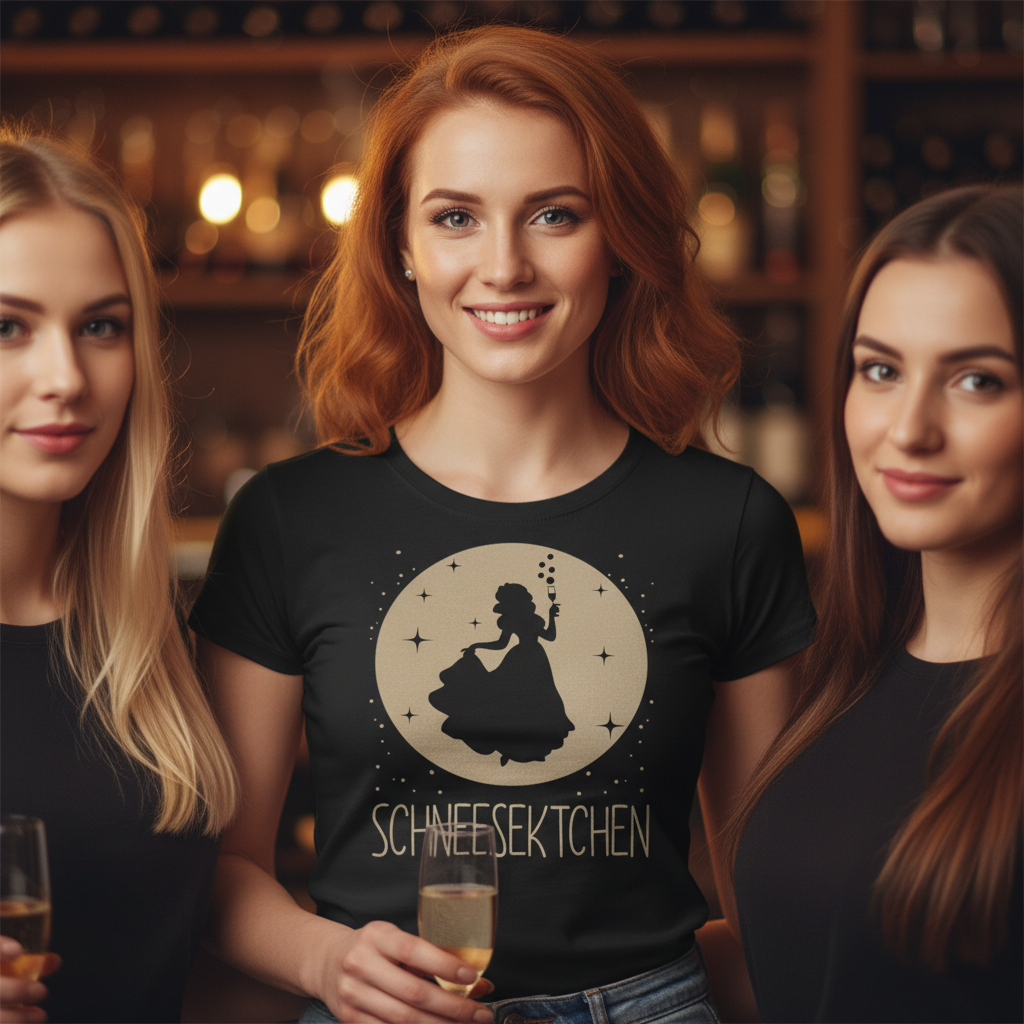 Eine Frau trägt das Schneesektchen Shirt in einer Weinbar und hält ein Sektglas beim Mädelsabend
