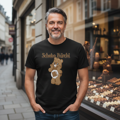 Schoko Bärchi Shirt vor Chocolaterie Schaufenster, Mann bewundert handgemachte Schokolade und Pralinen