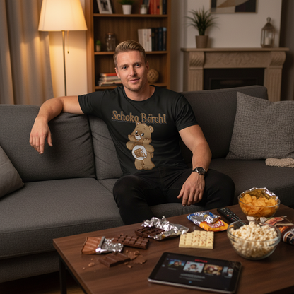 Entspannter Abend auf Couch mit Schokolade, Schoko Bärchi Shirt beim Netflix schauen zuhause