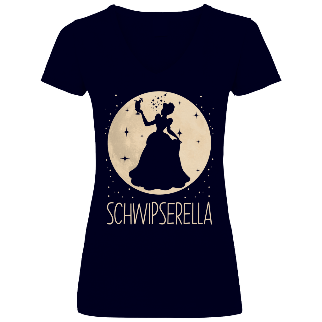 Navy V-Ausschnitt Shirt Damen mit SCHWIPSERELLA Aschenputtel Parodie Mond-Prinzessin, Frontansicht