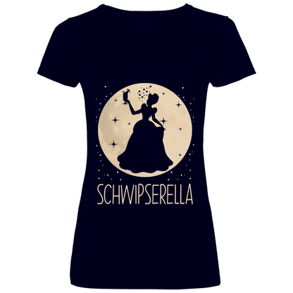 Navy V-Ausschnitt Shirt Damen mit SCHWIPSERELLA Aschenputtel Parodie Mond-Prinzessin, Frontansicht