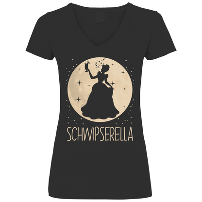 Schwarzes Damen V-Neck Shirt mit Schwipserella Mond-Prinzessin Design und Cocktail, Frontansicht