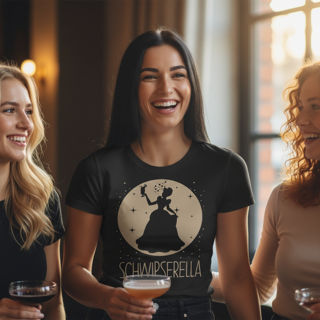 Eine Frau trägt das Schwipserella Shirt in einer Bar bei Cocktail-Party und lacht mit Freundinnen