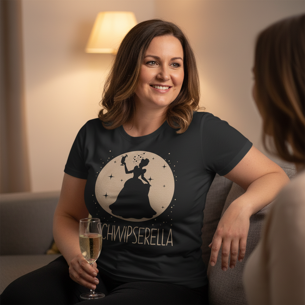 Eine Frau trägt das Schwipserella Shirt beim Mädelsabend zuhause und hält ein Prosecco-Glas
