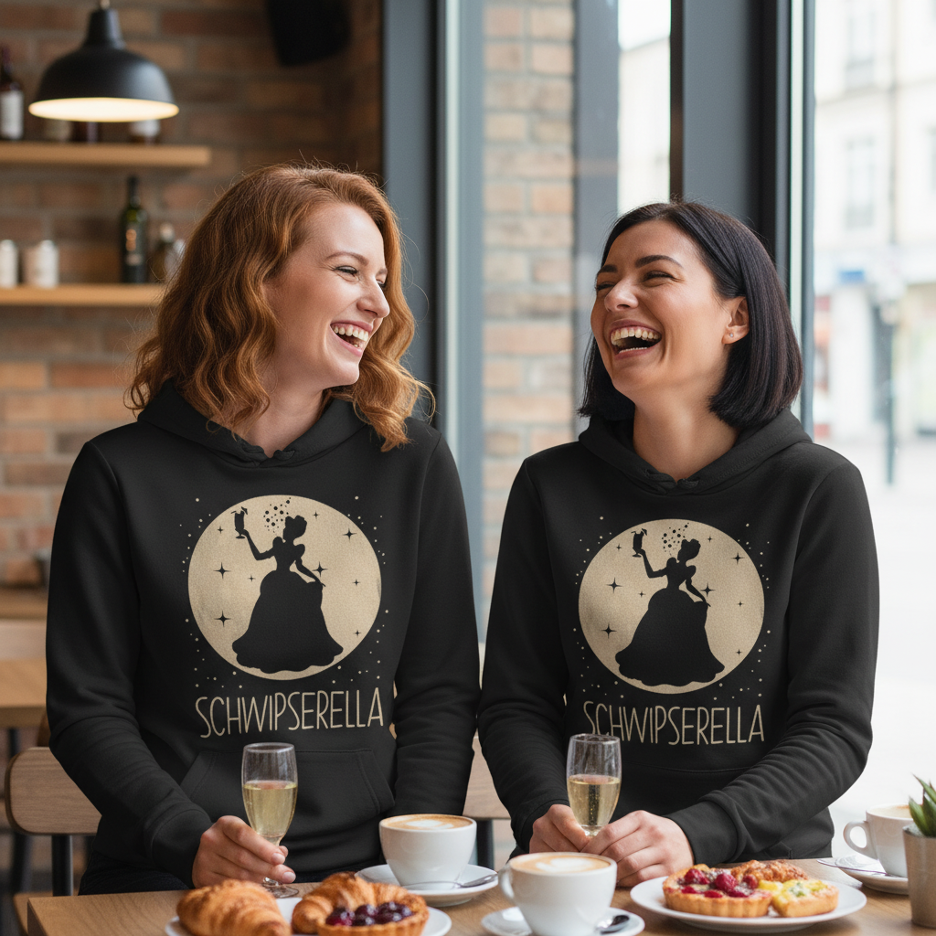 Zwei Frauen tragen den Schwipserella Hoodie beim Brunch im Café als Partnerlook mit Mimosa