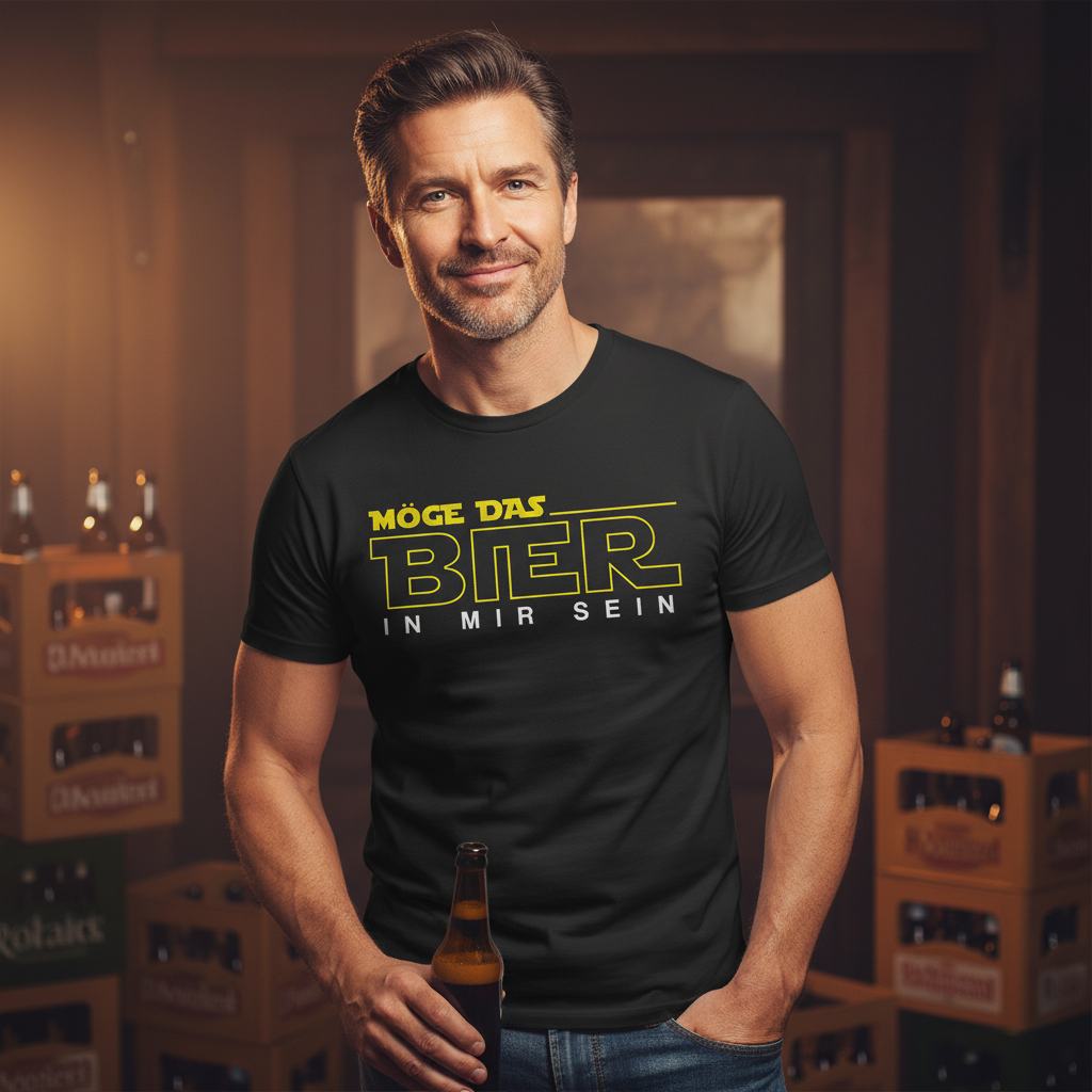 Ein Mann trägt das Star Wars Shirt Möge das Bier in mir sein bei einer Hausparty mit Bier