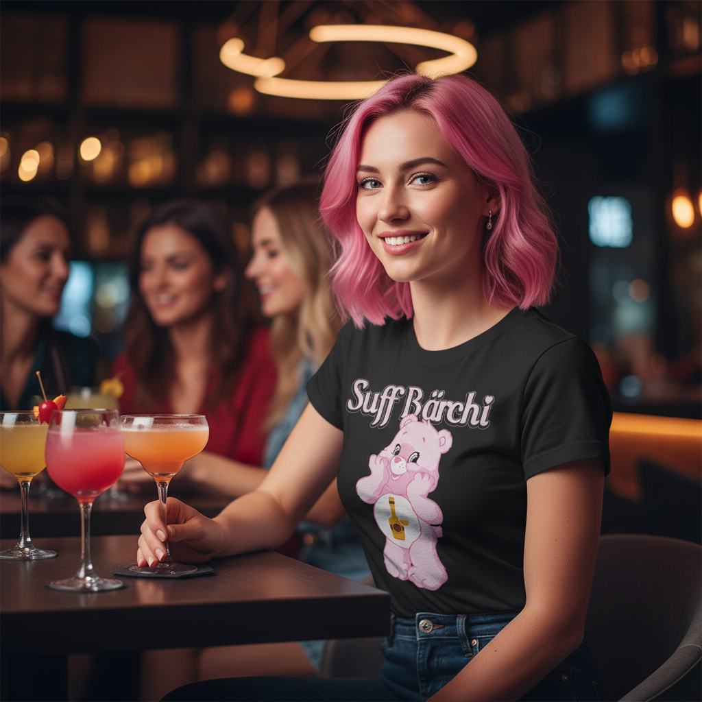 Junge Frau mit Suff Bärchi Damenshirt in Cocktailbar, bunte Cocktails und Neonlicht, Girls Night Out