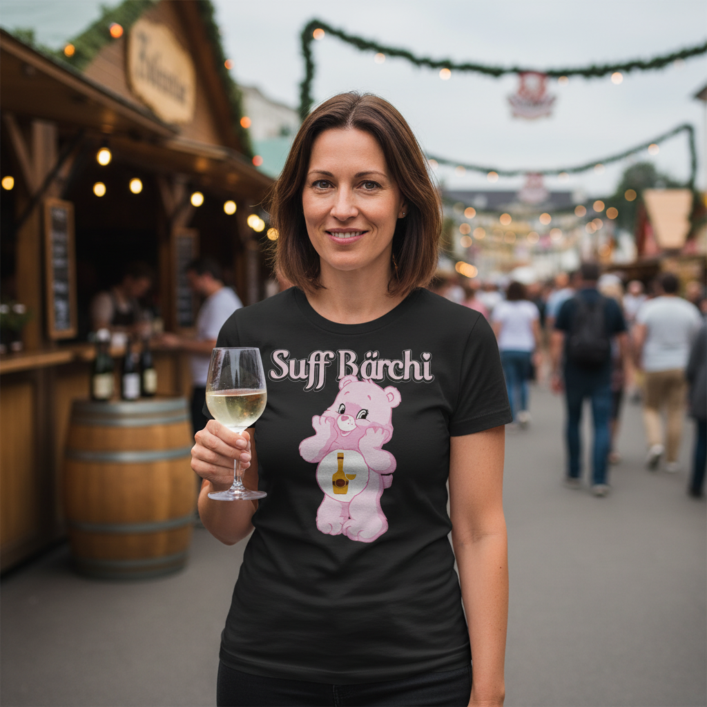 Entspanntes Weinfest im Sommer, Frau in Suff Bärchi Damenshirt mit Weinschorle und Festival-Vibes