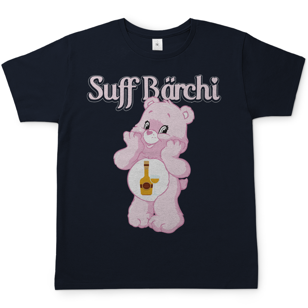 Navy Herren Shirt mit Suff Bärchi Glücksbärchi Parodie Aufdruck rosa Bär mit Schnapsflasche, Frontansicht