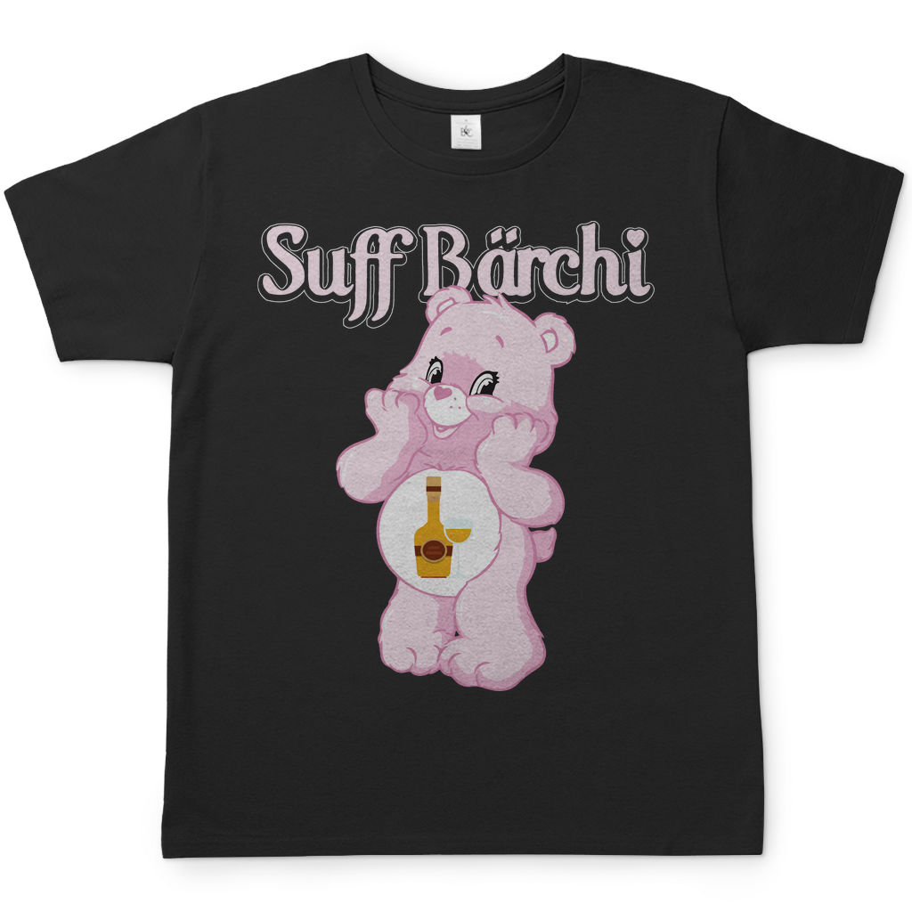 Schwarzes Herren Shirt mit Suff Bärchi Aufdruck und rosa Glücksbärchi Parodie mit Flasche, Frontansicht