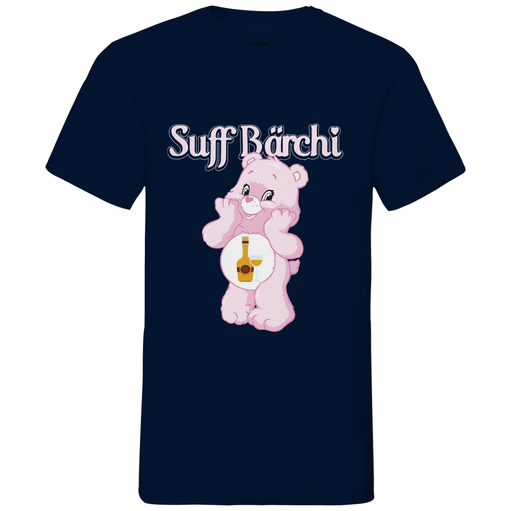 Navy Herren V-Neck Shirt mit Suff Bärchi Glücksbärchi Parodie Aufdruck rosa Bär mit Schnapsflasche