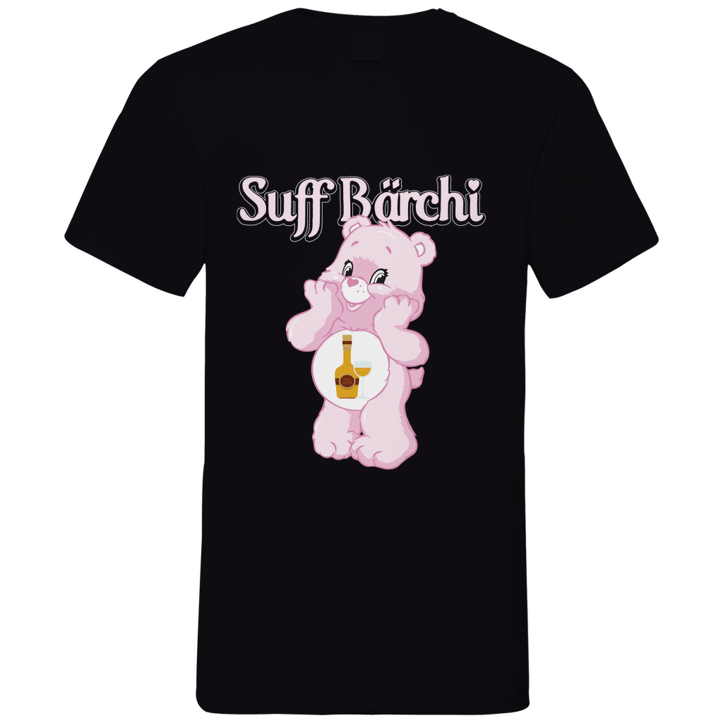 Schwarzes Herren V-Neck Shirt mit Suff Bärchi Aufdruck und rosa Glücksbärchi Parodie mit Flasche