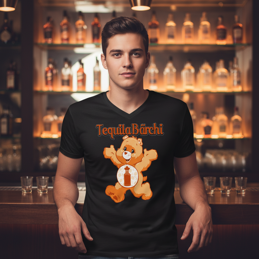 Mann trägt Tequila Bärchi V-Neck in stylischer Bar mit Shot-Gläsern und beleuchteten Regalen