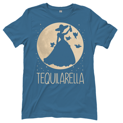 Stone Blue Tequila Party Shirt TEQUILARELLA für Junggesellinnenabschied witzig, Frontansicht