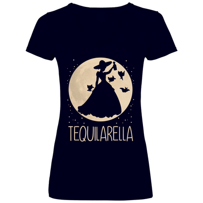 Navy Frauen V-Neck Shirt mit TEQUILARELLA Cinderella Parodie Disney Design, Frontansicht
