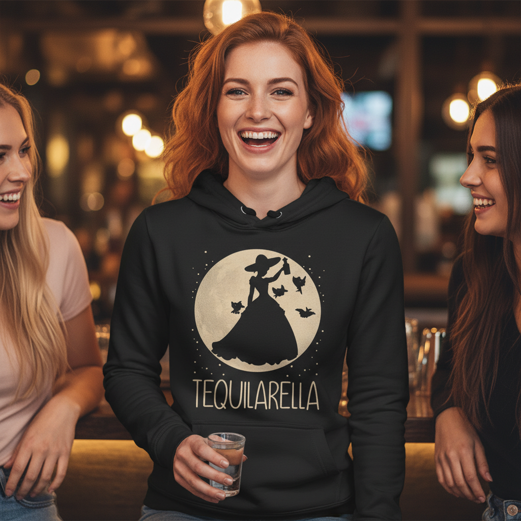 Eine Frau trägt den Tequilarella Hoodie bei JGA-Feier in Bar und hält Tequila Shot