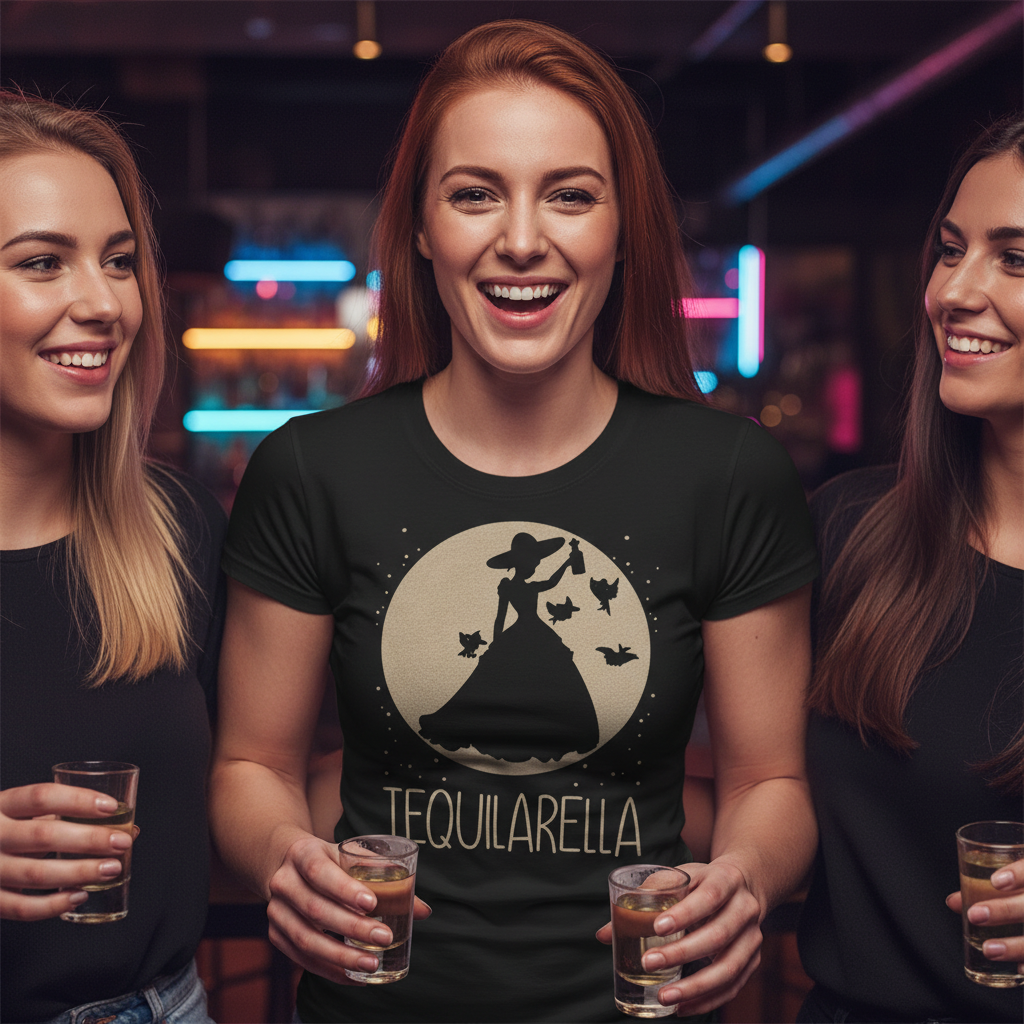 Eine Frau trägt das Tequilarella Shirt bei JGA-Party in Cocktailbar und hält Tequila Shots