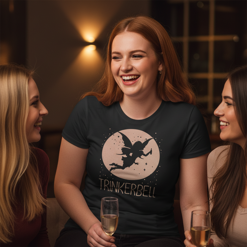 Eine Frau trägt das schwarze Trinkerbell Damenshirt beim JGA in einer Bar und hält Prosecco