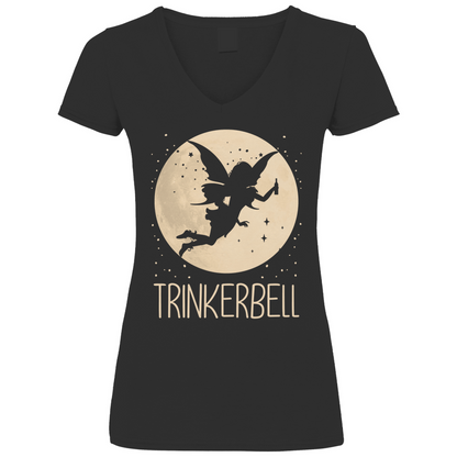 Schwarzes Damen V-Neck Shirt mit TRINKERBELL Mond-Fee Design und Bier, Frontansicht