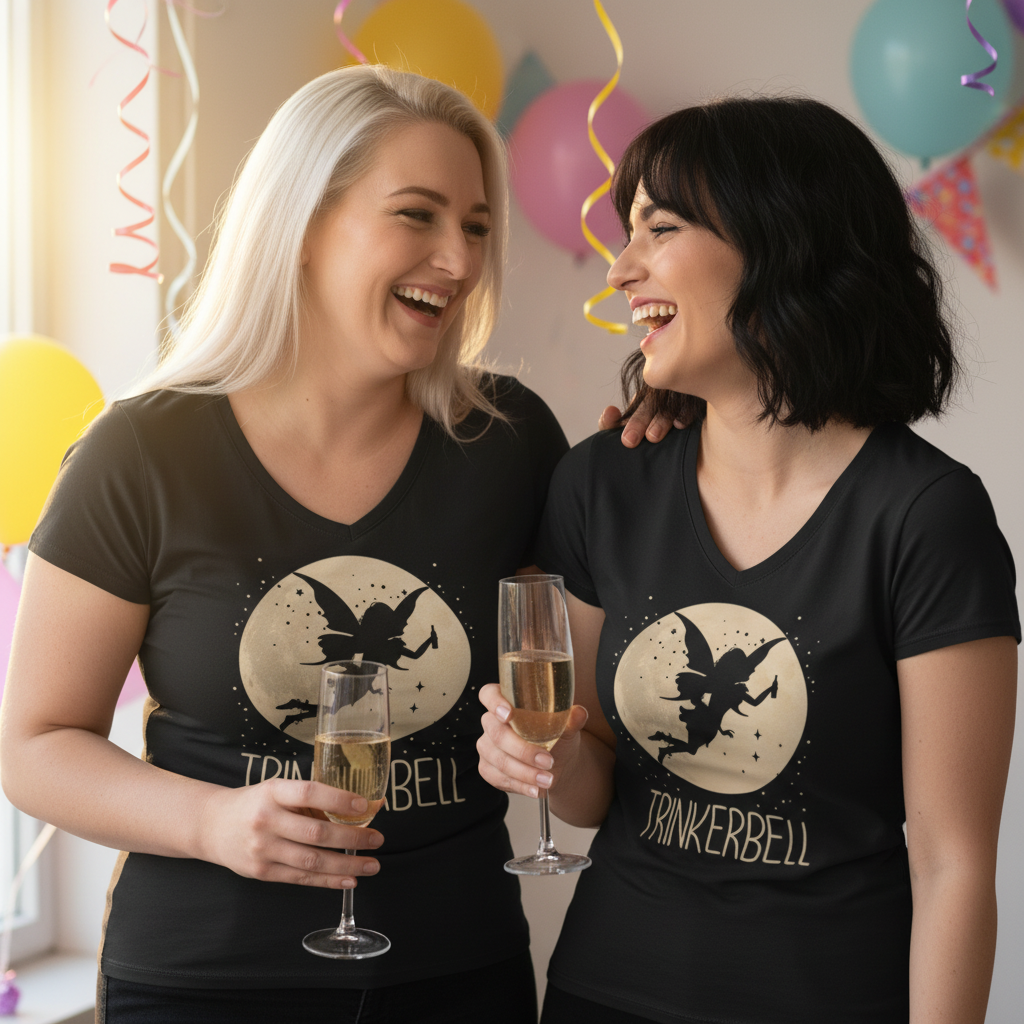Zwei Frauen tragen TRINKERBELL Partnerlook Shirts bei Geburtstagsfeier und stoßen mit Sekt an