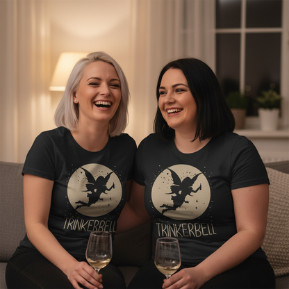 Zwei Frauen tragen schwarze TRINKERBELL Shirts beim Mädelsabend auf dem Sofa und halten Weingläser
