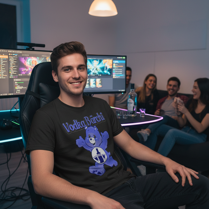 Mann trägt Vodka Bärchi Shirt bei Gaming-Session mit Freunden, Vodka-Shots auf dem Tisch, entspannte Hausparty